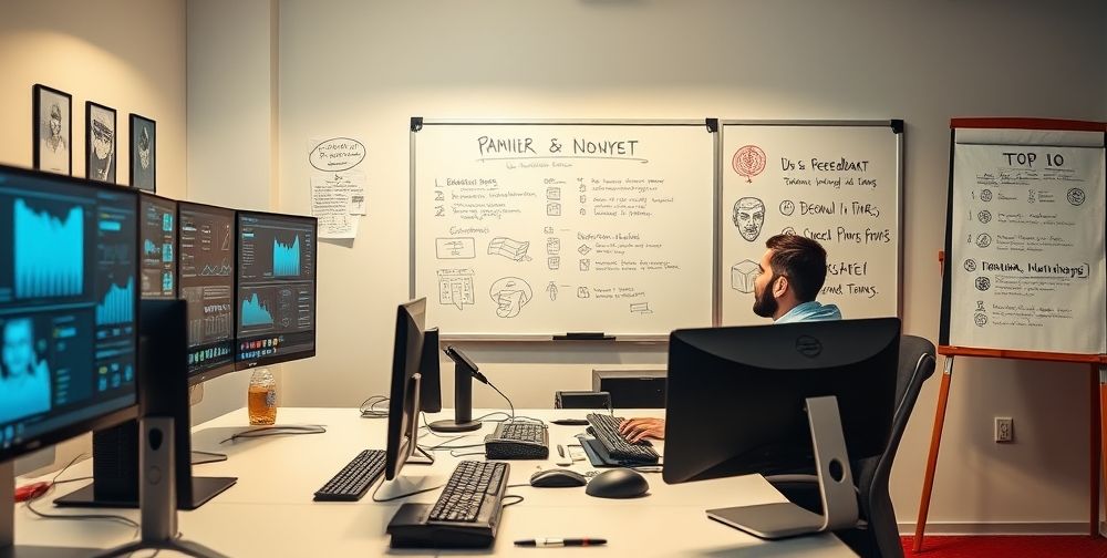 A crisp, well-lit workspace with two Iranian game developers analyzing statistics and user feedback on dual monitors, concept sketches pinned to walls, and a whiteboard listing top 10 Iranian game titles, conveying technical expertise and innovation.