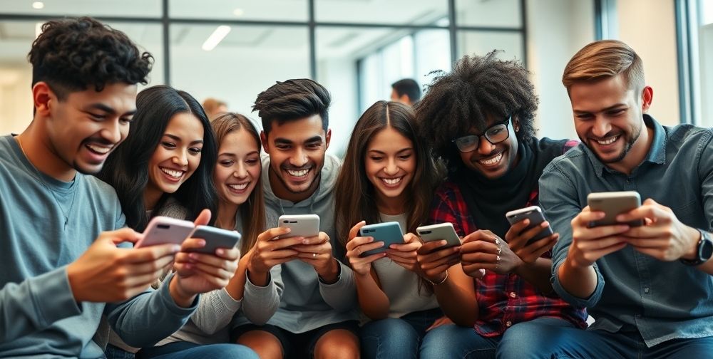 A group of diverse young people, both men and women, fully engaged with intense expressions as they play a popular action mobile game together on their smartphones in a modern, well-lit room. Digital effects suggest explosions and fast movements on their screens, capturing the thrill and camaraderie.