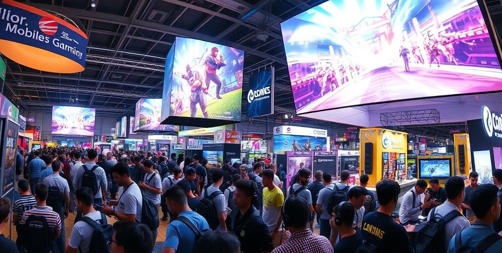A wide-angle view of a bustling mobile gaming convention floor, where large screens display exciting moments from the latest action mobile games. Diverse groups of gamers compete in tournaments while colorful banners, immersive lights, and major brand booths add to the lively atmosphere of innovation and excitement.