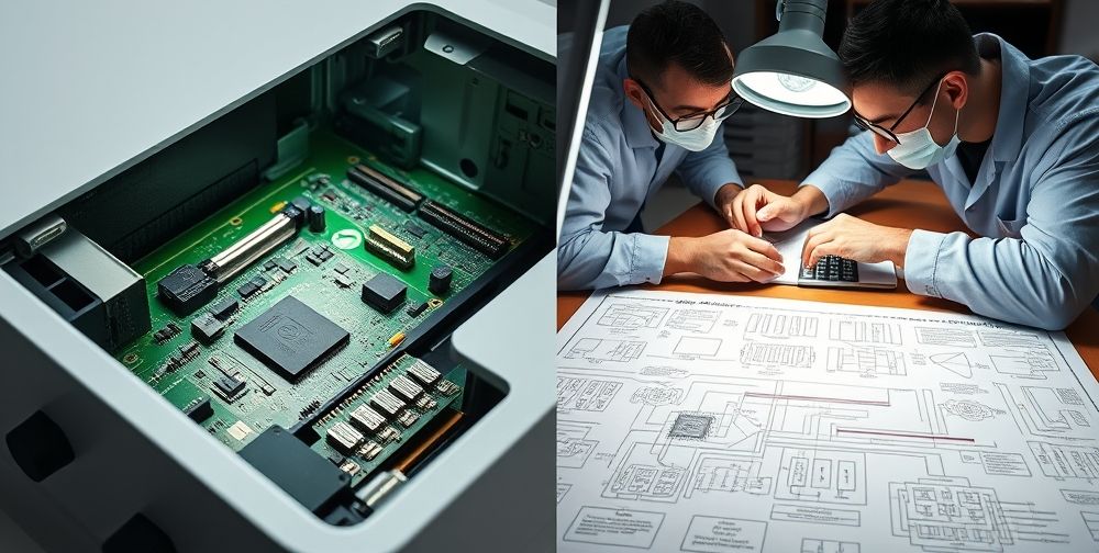 A detailed close-up of an open Xbox console with visible motherboard, technicians examining faulty components under a magnifying lamp, and schematic diagrams on a table, highlighting advanced hardware diagnostics.