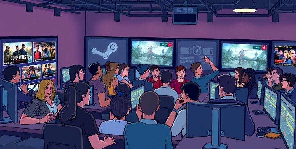 A lively digital scene showing a diverse group of gamers with unique avatars connecting in an online Steam chat room, screens glowing with popular game titles, casual conversations, and a welcoming atmosphere.