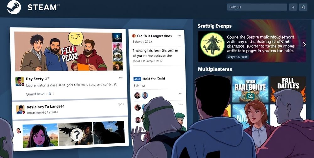 A detailed, engaging visual of a Steam group page with enthusiastic gamers hosting a virtual event, sharing tips in a chat, avatars showing emotion, and banners for popular multiplayer titles in the background.