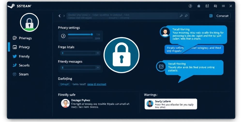A secure digital interface on Steam with visible privacy settings, a lock icon, friendly warning messages, and two avatars exchanging friendly, safe messages, highlighting privacy and online safety.