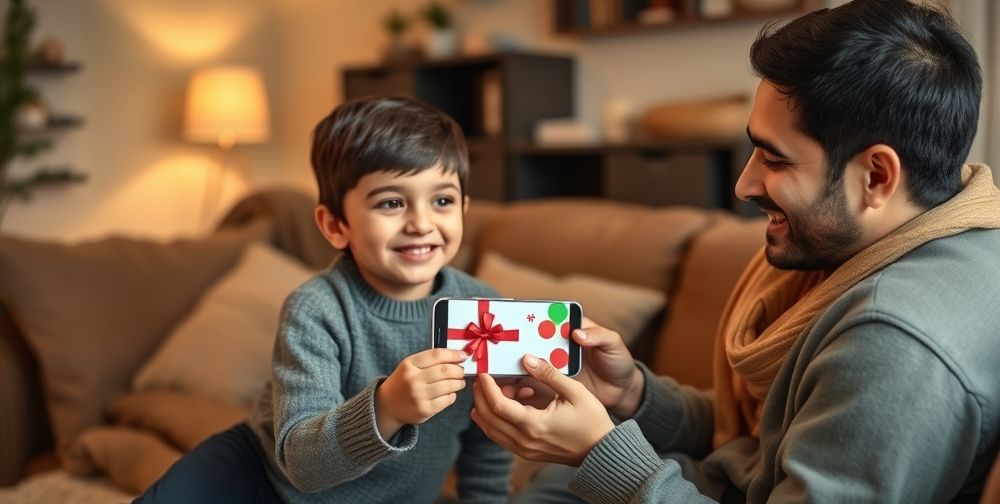A cozy family living room scene where a young Persian child receives a digital gift card via smartphone from a smiling parent, highlighting trust, joy, and seamless gifting in modern Iran.