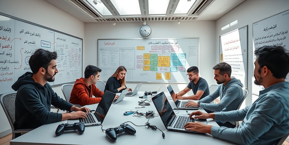 A futuristic creative workspace showing young Iranian men and women brainstorming and developing a video game. Laptops and PlayStation controllers on the desk, whiteboards filled with colorful flowcharts, and motivational quotes in Farsi on the walls. Sunlight filters in, inspiring innovation and teamwork.