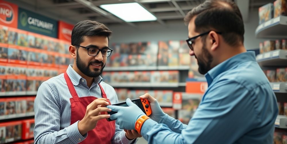A knowledgeable Persian game shop employee showing a buyer how to check the Nintendo Switch console’s serial number in a busy electronics store, with game boxes in the background and bright, professional lighting.