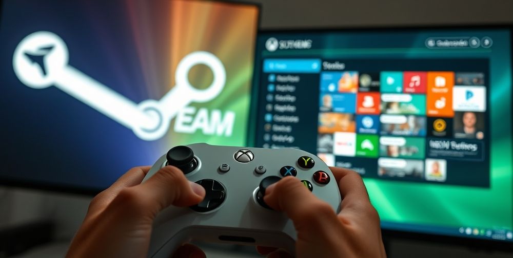 A close-up shot showing hands holding an Xbox controller, Steam interface projected in the background, and a split screen where one side shows the classic PC desktop, the other side shows a home console dashboard. The scene is bright, vivid, and highlights both ecosystems working together.