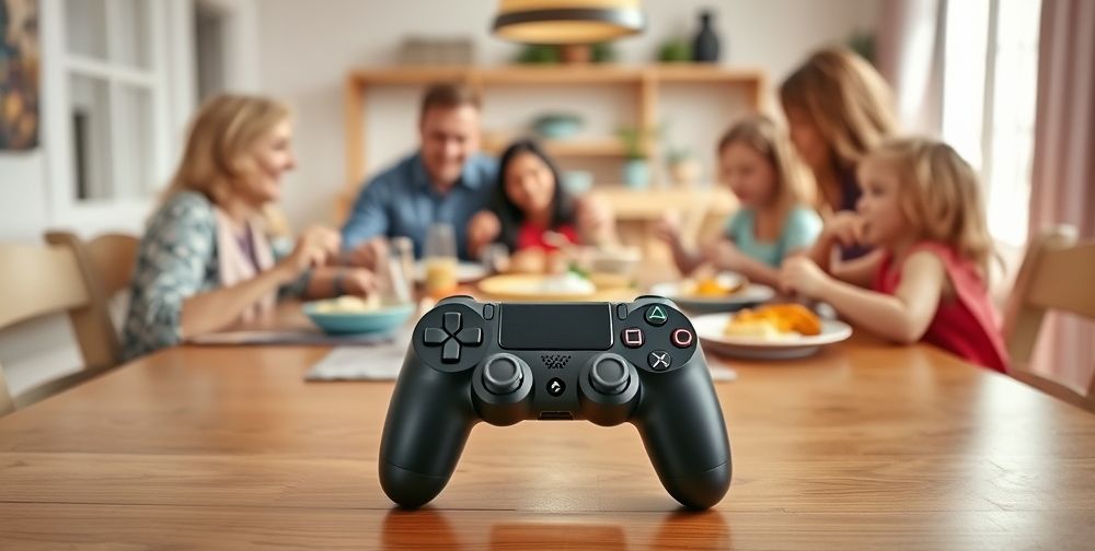 A bright family dining area where everyone is sharing a meal, while a PlayStation controller is visible but untouched on the table, symbolizing prioritization of togetherness and healthy habits over screen time.