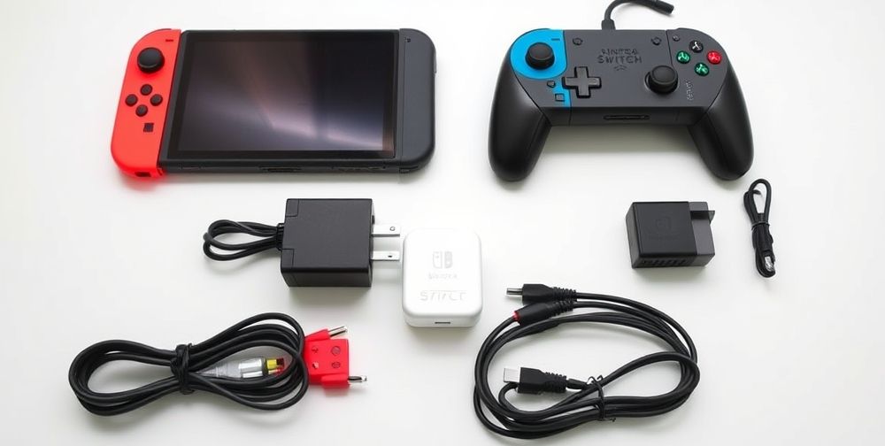 A table view with various Nintendo Switch accessories: high-quality official controllers, third-party chargers, and damaged cables—highlighting contrasts between genuine and low-quality products.