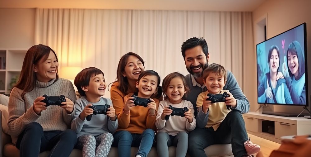 A family of four—two parents and two children—gathered in a warmly lit living room, laughing together while holding PlayStation controllers. The scene highlights intergenerational bonding and enjoyment, with a futuristic, large TV showing a fun family-friendly game.
