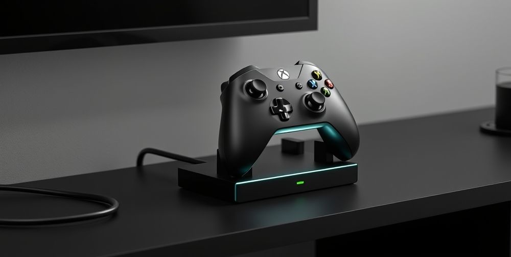 A detailed rendering of a sleek dual charging station for Xbox Series X controllers on a minimalist black shelf, one controller docked and glowing, stylish cables neatly arranged.