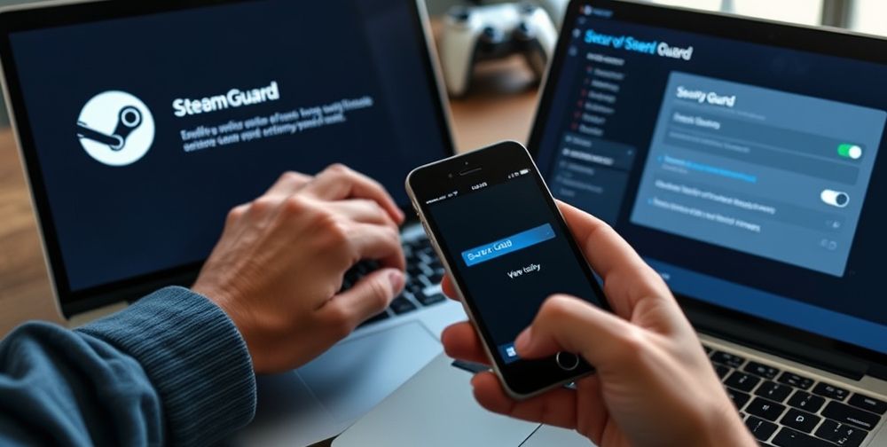 A close-up of hands enabling Steam Guard on a sleek laptop, a smartphone with verification code in hand, and the Steam interface displaying security settings. The environment feels secure and tech-savvy.