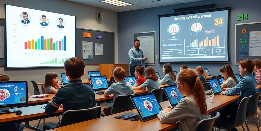 A detailed classroom scene with young students using tablets and computers to play educational video games, a charismatic instructor guiding them, charts showing brain activity and improved focus projected on the screen.