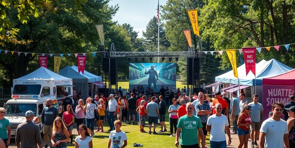 A lively outdoor gaming festival with families, cosplayers, food trucks, colorful banners, interactive VR booths, and a stage hosting a live charity streaming session, set in a sunlit park.