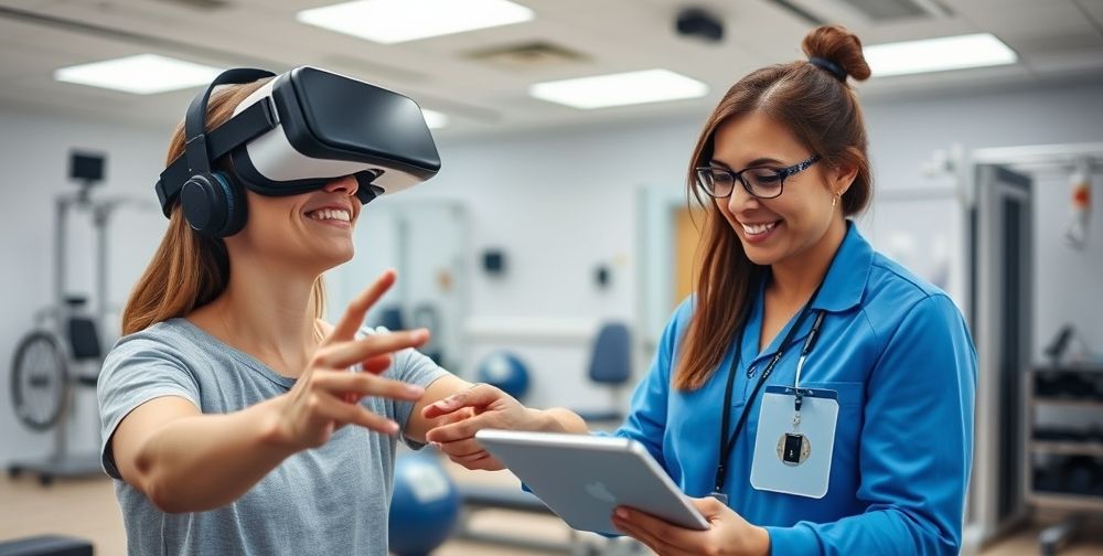 A state-of-the-art rehabilitation center where a patient wearing a VR headset performs motor exercises, a therapist monitors progress on a tablet, high-tech equipment, bright lighting, hopeful expressions.