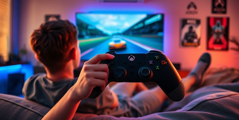 A focused view of a teenage gamer relaxing on a couch at sunset, holding a wireless Xbox Series X controller with visible textured grip handles. A large TV screen in the background displays a fast-paced racing game. Ambient blue LED lights and posters of popular Xbox exclusives decorate the cozy gaming room.