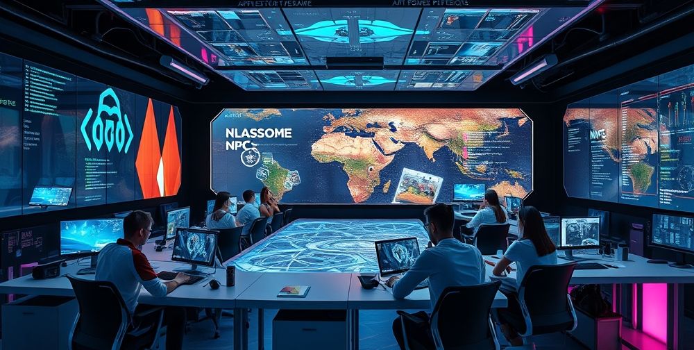 A futuristic game development studio with diverse developers at sleek workstations, brainstorming and testing AI-powered NPCs. Large holographic screens display game worlds, real-time NPC behavior patterns, and code.