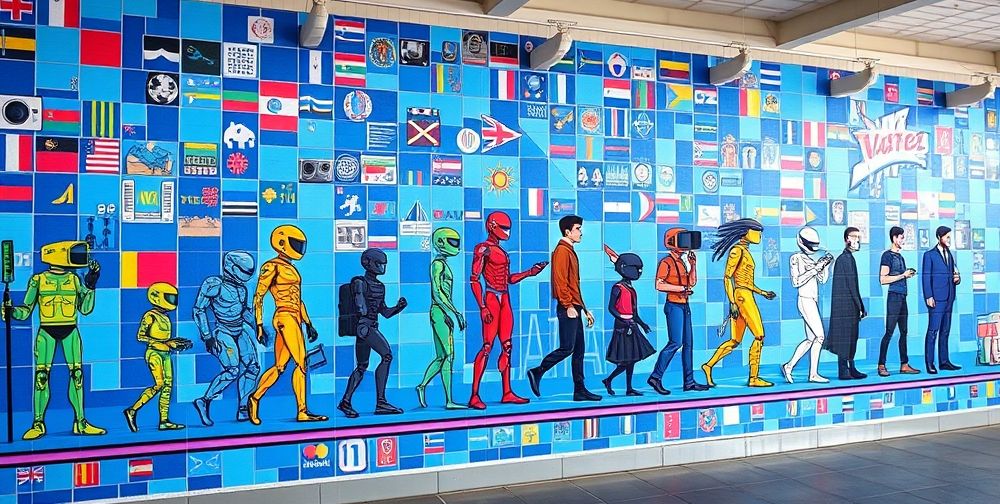 A timeline mural showing the evolution of video game AI: from pixelated arcade NPCs to today’s 3D realistic characters, branching into futuristic VR avatars. Bright colors highlight key milestones, Persian cultural elements subtly incorporated.