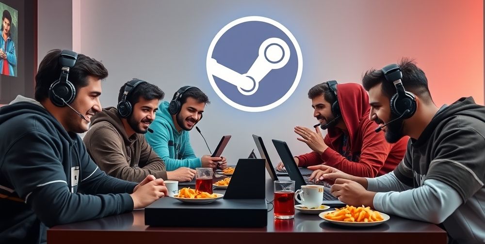 A diverse group of Iranian gamers joyfully playing together online, sharing strategies via headsets, Steam’s logo in the background, Persian snacks and tea on the table.