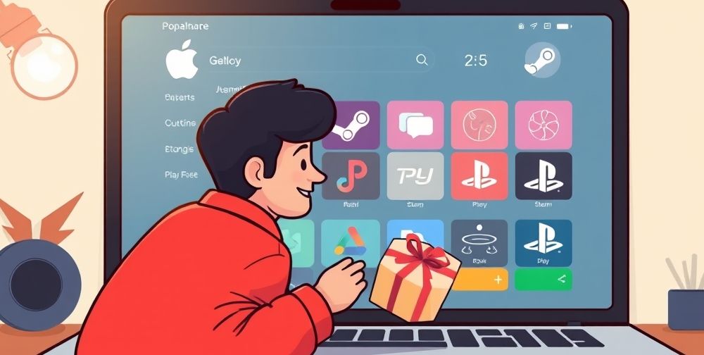 A detailed illustration of a digital marketplace interface on a laptop, with various popular brand icons like Apple, Google Play, Steam, and PlayStation. The foreground shows a Persian user happily sending a vibrant animated e-gift card to a loved one.