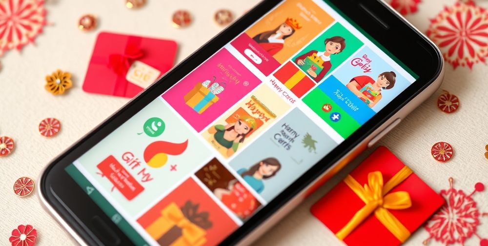 A close-up image of various colorful digital gift cards displayed on a smartphone screen, surrounded by small decorative Persian motifs, showing celebratory icons and happy recipients using their gifts.