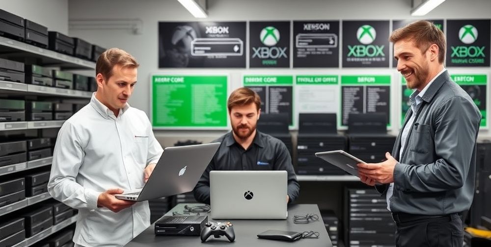 A modern repair workshop with shelves of Xbox consoles, attentive technicians in uniform diagnosing an error using diagnostic laptops, and a friendly expert explaining a solution to a customer. Background posters showcase common Xbox error codes and troubleshooting steps.