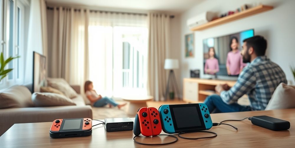 A cozy living room with a family enjoying Nintendo Switch on the TV, fresh consoles charging on a clean desk, sunlight streaming through the window, and visible signs of regular cleaning and careful usage.