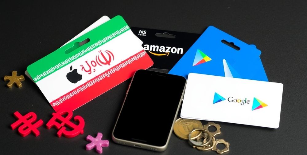 A visually engaging scene showing colorful digital gift cards for brands like Apple, Amazon, and Google Play, placed beside Iranian Rial symbols and a smartphone, suggesting the fusion of traditional shopping habits with modern digital convenience.