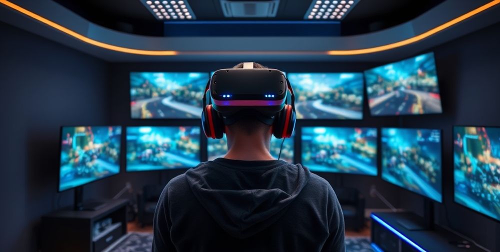 A modern gaming room with a player wearing a high-end VR headset, surrounded by dynamic holographic interfaces and ultra-realistic 3D game environments on multiple screens.