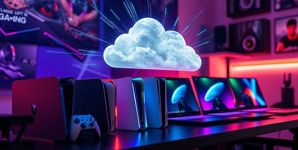Close-up of futuristic gaming consoles and ultrathin laptops lined up on a desk, their vibrant RGB lights illuminating the room, with a cloud-shaped hologram radiating above them to depict cloud gaming technology.