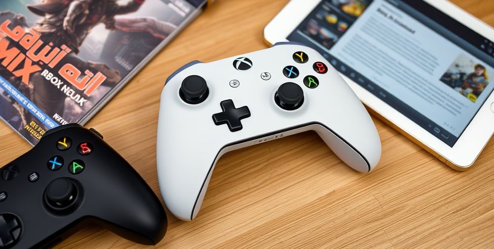 A close-up view of three different gaming controllers lying on a wooden desk, with the Xbox Series X controller in focus, showing detailed textures and buttons, surrounded by Persian gaming magazines and a tablet displaying a review.