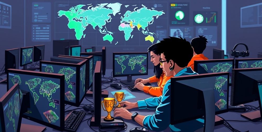 A collaborative online event: diverse gamers from different cultures in front of computer screens, working together on gaming challenges, sharing ideas, with digital maps and virtual trophies visible, radiating positive energy.