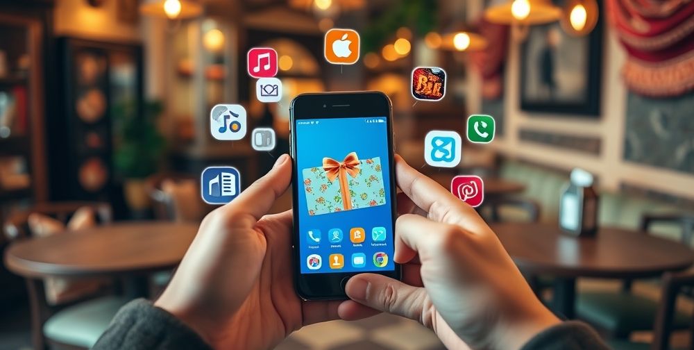 A close-up view of hands holding a mobile phone displaying a vibrant digital gift card, surrounded by icons representing music, games, and shopping apps, with a cozy Persian-style café in the background.