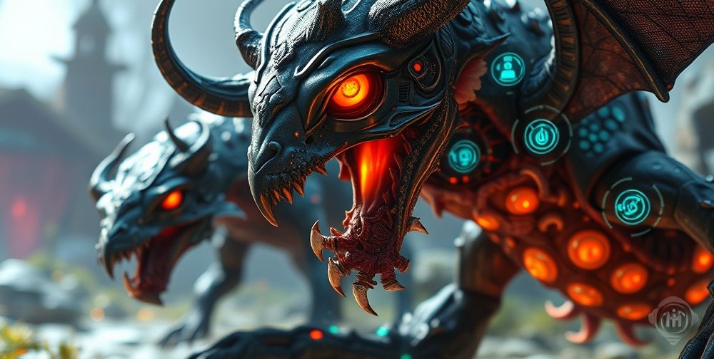 Close-up of a virtual world where AI-driven fantasy creatures interact with gamers; overlays of AI neural networks shaping story paths, futuristic game UI elements and immersive story-driven visuals.
