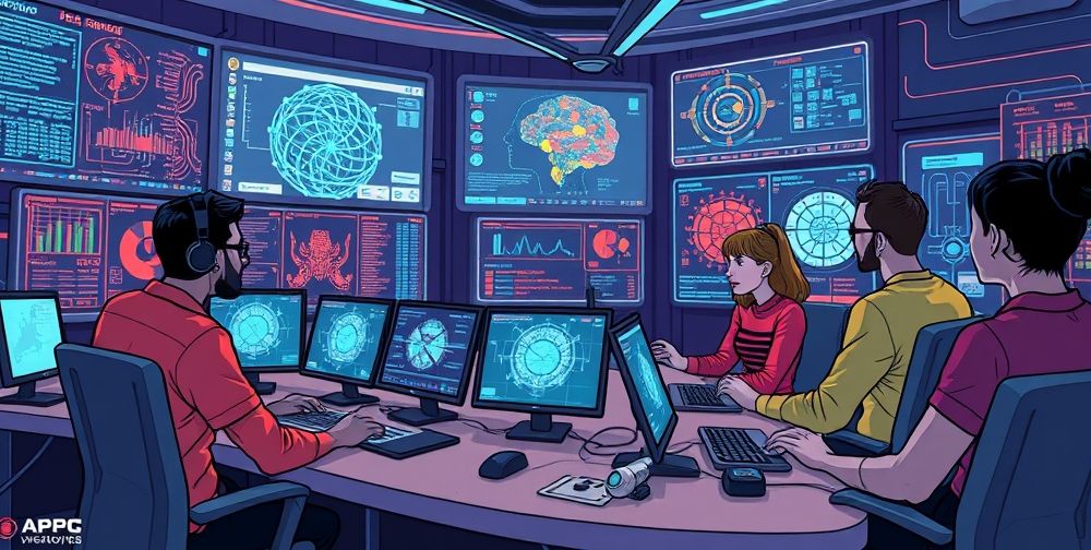An illustrated futuristic control room where diverse game developers analyze real-time AI behavior data, screens display complex neural networks, and ethical decision algorithms, emphasizing teamwork and creative problem-solving.