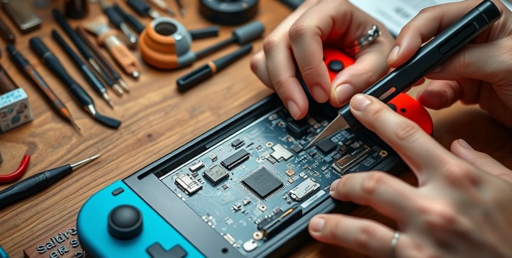A detailed workbench with micro-tools, a partially opened Nintendo Switch motherboard, close-up hands installing a mod chip, Persian instruction manual and digital precision.