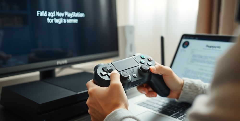Close-up detailed view of a PlayStation console with a clear error message on the TV, a user’s hands holding a DualSense controller, open laptop with support page in Farsi, soft daylight, and visible internet modem.