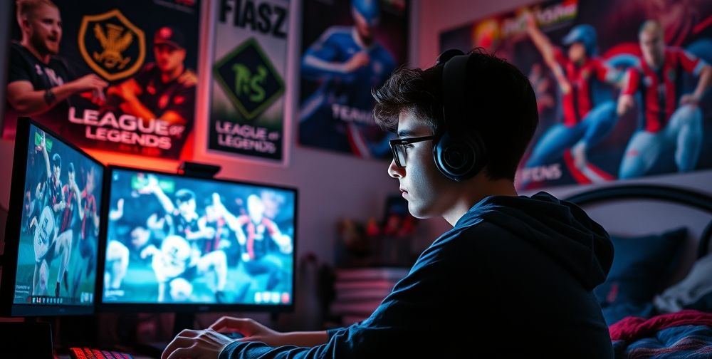 A night scene in a teen’s bedroom. A young Iranian boy, face illuminated by a gaming monitor, plays an online competitive game. Posters of famous e-sports teams and popular video games like League of Legends and FIFA decorate the walls.