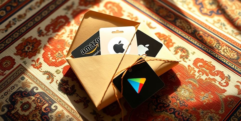 A beautifully wrapped envelope featuring several branded digital gift cards (Amazon, Apple, Google Play) placed on a Persian patterned tablecloth, highlighted by soft daylight, suggesting gifting and celebration.