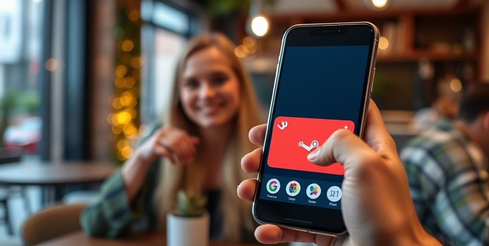 A sleek smartphone displays a digital gift card being sent as a present; the screen glows with app icons like Steam and Amazon. In the background, two friends smile, showing the ease and joy of instant digital gifting in a cozy urban café.