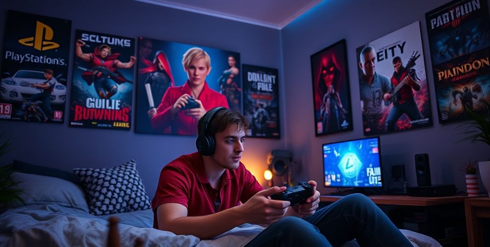A modern Persian bedroom at night, walls decorated with posters of famous PlayStation games. A young adult immersed in late-night gaming under cool LEDs, headphones on, focused and absorbed in adventure.