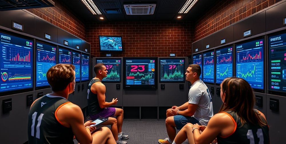 A vibrant professional locker room filled with interactive touchscreens displaying AI-driven progress charts, athletes attentively reviewing their performance data together before a big match, in a lively clubhouse atmosphere.