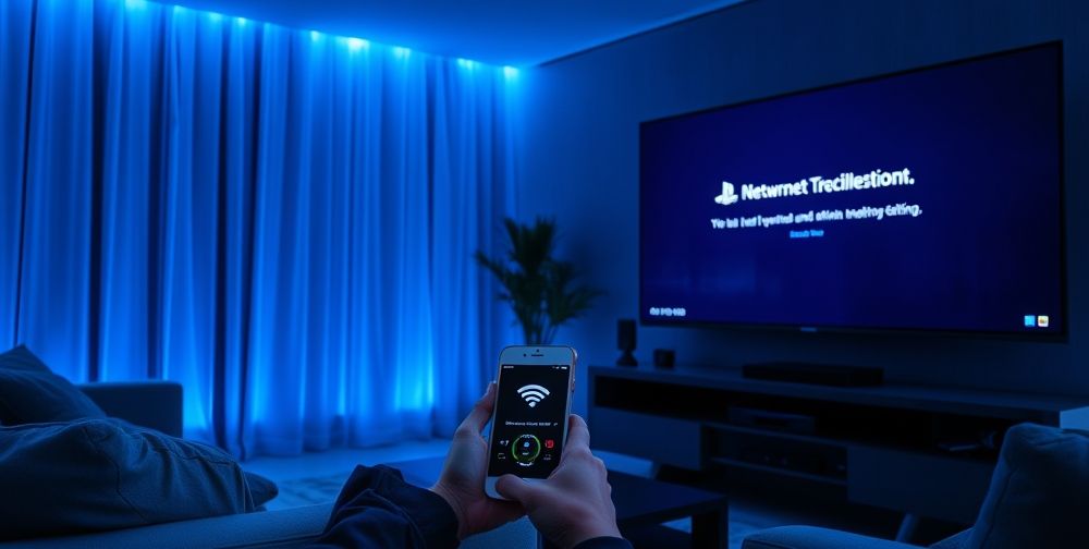 A modern living room illuminated by blue LED lights, featuring a PlayStation console connecting to Wi-Fi, a person using a smartphone to test connection speeds, and a large TV with a network error message on display, illustrating internet setup troubleshooting.