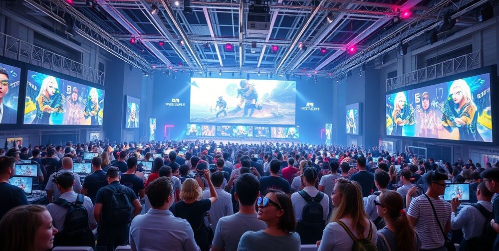 A futuristic gaming tournament filled with diverse international teams, LED-lit stages, massive screens showing AI-controlled characters, and enthusiastic audiences wearing futuristic accessories.