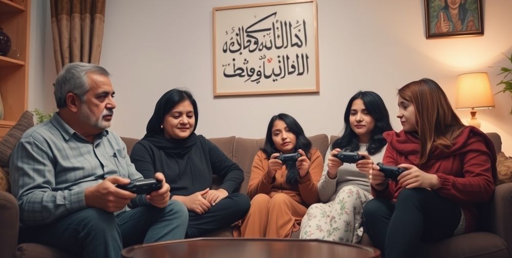 A thoughtful Iranian family scene at home where parents and teenagers sit together, PlayStation controllers in hand, engaged in discussion about the emotional themes of a recently-played story-driven game, with motivational Persian calligraphy art on the wall.