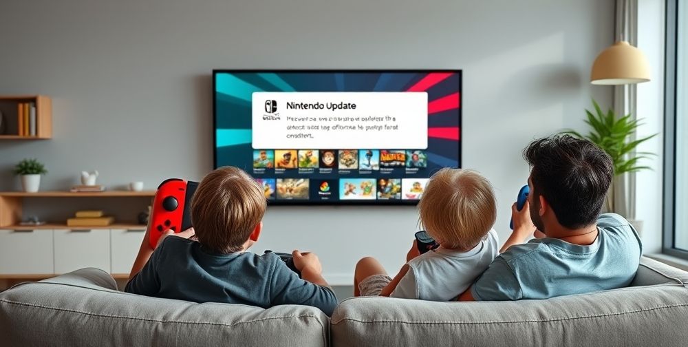 A bright dashboard view of a Nintendo Switch console with the official update notification up, users browsing safe digital games, and a family enjoying legitimate gameplay together on a modern couch.