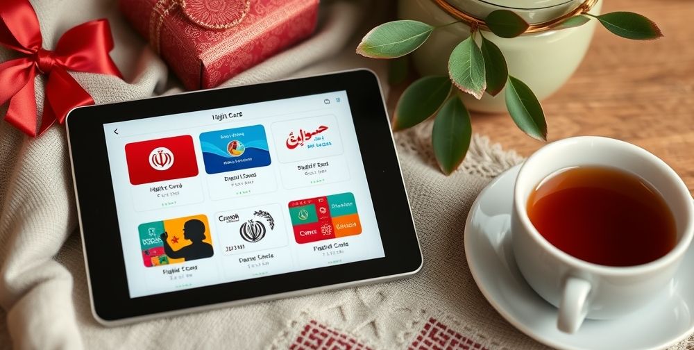 An inviting scene on a digital device displaying various types of digital gift cards in Farsi and English, a cup of Persian tea nearby, suggesting secure purchasing and a sense of ease for Iranian users.