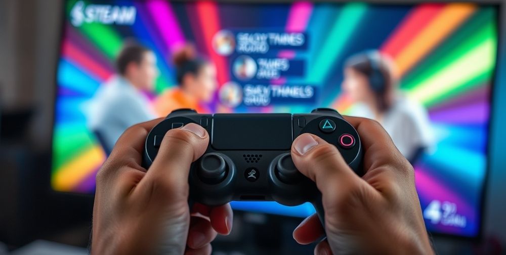 A close-up of hands holding a Steam controller, with a colorful monitor in the background displaying an active gaming session between friends connected through voice chat, showing teamwork.