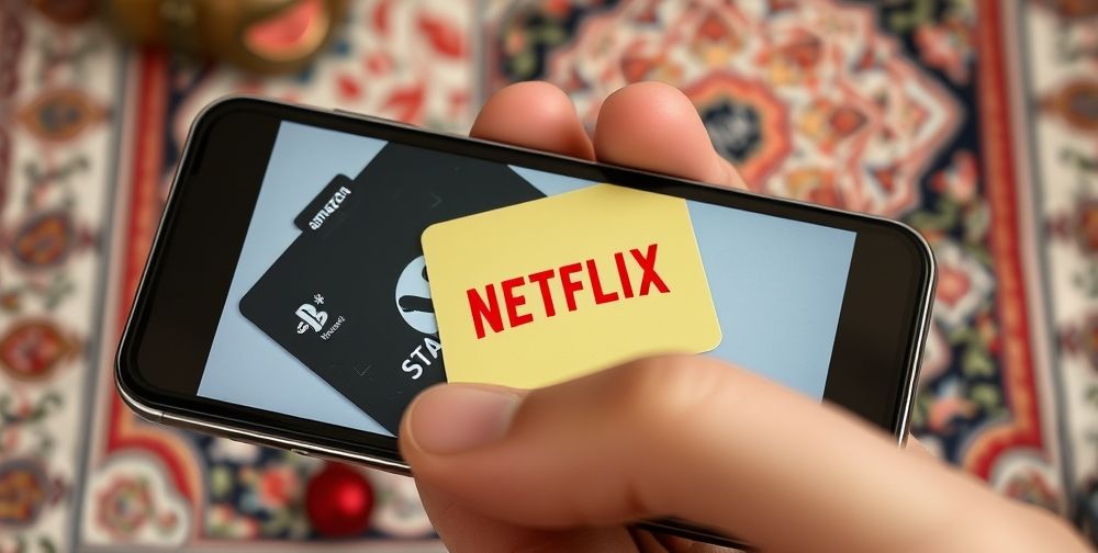 Close-up of a hand holding various digital gift card e-vouchers—Amazon, Steam, Netflix, and PlayStation—displayed on a modern smartphone screen with stylized Persian elements in the background.