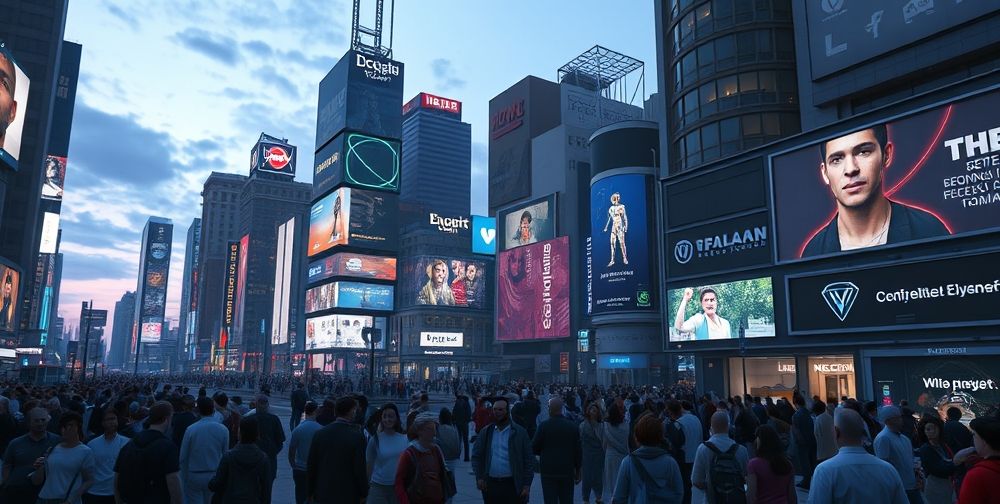 A modern video game cityscape at dusk filled with AI-generated details: buzzing hologram ads, diverse crowds of NPCs interacting realistically, and players making choices that visibly affect the living environment.